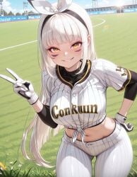 1girls ai_generated baseball_shirt baseball_uniform blanc_(nikke) breasts crop_top cropped_shirt female goddess_of_victory:_nikke medium_breasts official_alternate_costume official_alternate_hairstyle oujisan peace_sign posing_for_the_viewer pov smiling smiling_at_viewer solo_focus straight sweating tagme tied_shirt tight_clothing