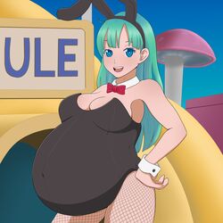 1girls absurdres bulma_(bunny) bulma_briefs bunny_ears bunny_girl bunnysuit dragon_ball dragon_ball_(classic) female female_only fishnet_pantyhose highres huge_belly kristiadder looking_at_viewer milf pantyhose pregnant ready_to_pop solo teenager