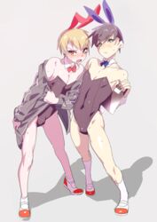 2016 2boys black_hair blonde_hair blush bowtie bulge bunny_ears bunnysuit collar ear_piercing femboy green_eyes grey_background looking_at_viewer male male_focus male_only minemura red_eyes socks sweat