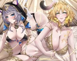 2girls absurdres aglaea_(honkai:_star_rail) all_fours animal_ear_fluff animal_ears animal_hood ass black_bra black_choker black_panties blonde_hair blue_eyes blush bra breast_tattoo breasts cat_ears cat_girl cat_hood cat_tail choker cipher_(honkai:_star_rail) cleavage gold_tattoo green_eyes grey_hair highleg highleg_panties highres honkai:_star_rail honkai_(series) hood huge_filesize jewelry kawanmushi large_breasts laurel_crown looking_at_viewer lying mole mole_on_breast multiple_girls navel on_side panties parted_lips short_hair short_hair_with_long_locks skin_fang stomach tail tattoo thigh_gap thred underwear white_bra white_panties