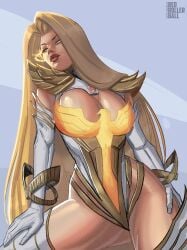1girls artist_name big_breasts busty cleavage emma_frost fire_eyes light-skinned_female light_skin marvel marvel_comics mutant phoenix_(x-men) redrollerball superheroine thick_thighs thighhighs thighs x-men