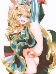 :d absurdres ahoge animal_ear_fluff animal_ears anversailles arm_strap armpits arms_up ass asymmetrical_legwear black_hair blonde_hair blue_bow blue_skirt blue_thighhighs bow bowtie braid breasts cleavage clitoris commentary commission double-parted_bangs facial_mark female female_pubic_hair fox_ears fox_girl fox_tail hair_between_eyes hair_ornament hair_over_shoulder hairbow hairclip hat heart heart-shaped_pupils highres holding_own_leg hololive jester_cap layered_skirt leg_lift long_hair looking_at_viewer mark_under_eye miniskirt mismatched_legwear multicolored_hair no_panties omaru_polka omaru_polka_(1st_costume) open_mouth pink_hair pink_thighhighs pubic_hair purple_eyes pussy red_bow red_bowtie shirt side_braid simple_background single_braid skirt sleeveless sleeveless_shirt smile solo split standing standing_on_one_leg standing_split streaked_hair striped_clothes striped_skirt striped_thighhighs symbol-only_commentary symbol-shaped_pupils tail teeth thighhighs tilted_headwear traditional_bowtie uncensored upper_teeth_only variant_set vertical-striped_clothes vertical-striped_skirt vertical-striped_thighhighs virtual_youtuber white_background x_hair_ornament
