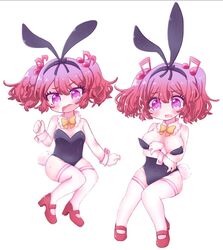 1girls :0 :3 aged_up big_breasts bunny_ears bunnysuit clothing danganronpa danganronpa_another embarrassed fanganronpa frown otonokoji_hibiki otonokoji_kanade pale-skinned_female pale_skin pink_eyes purple_hair red_hair sdra2 short_twintails small_breasts smaller_female straight_hair super_danganronpa_another_2 twins twintails