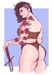1girls 2023 amaamaranth ass asymmetrical_hair black_hair ear_piercing earrings female female_focus female_only looking_back muscular muscular_female muscular_thighs original pain_(amaamaranth) pinup rose_tattoo scars side_shave solo solo_female solo_focus stretch_marks sword tattoo thick_thighs