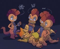 anal anal_sex argon_vile ass backsack balls blush bottomwear bottomwear_down clothed clothing double_anal double_penetration english_text feet foot_on_head fur gangbang generation_1_pokemon generation_5_pokemon genitals group group_sex hi_res hypno_(pokemon) lidded_eyes lying male male/male male_dominating_male male_penetrated male_penetrating male_penetrating_male nintendo on_front orange_body pants pants_down partially_clothed pendulum penetration penis pokemon pokemon_(species) scalie scrafty sex text yellow_body yellow_fur