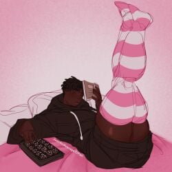 artist_name bed bed_sheet big_thighs black_hair black_hoodie dark-skinned_femboy dark-skinned_male dark_hair dark_skin doodle_world dreadlocks dreads femboy food justanaveragetjfan large_thighs laying_down laying_on_back laying_on_bed legs_up looking_at_viewer no_sex no_visible_genitalia pillow pillows reading reading_book roblox roblox_game self_upload short_hair solo solo_femboy solo_focus solo_male stockings striped_thighhighs thick_thighs thigh_highs thighhighs tj_(doodle_world) watermark white_background