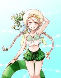 ahoge blue_eyes bracelet braid breasts closed_mouth ebi_puri_(ebi-ebi) female fire_emblem fire_emblem_fates fire_emblem_heroes floating floating_object food_print hat holding jewelry looking_at_viewer medium_breasts nina_(fire_emblem) nintendo plant simple_background watermelon_print white_hair