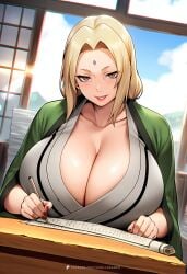 ai_generated big big_breasts blonde_female blonde_hair breasts cleavage female forehead_mark gilf grandmother hag hi_res highres huge_breasts indoors kimono large_breasts looking_at_viewer mature mature_female milf naruto naruto_(series) naruto_shippuden office older_female red_nails seductive seductive_look seductive_smile sitting thick traditional_clothes tsunade tsunade_(naruto) tsunade_senju vanillaramen voluptuous voluptuous_female writing