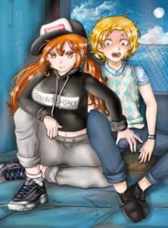 ballbusting balls big_breasts blonde_hair blue_eyes brown_eyes cherry_chan clothed clothes detailed_background molestation open_eyes open_mouth orange_hair pain screaming testicles