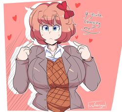 1girls big_breasts blazer blue_eyes blush breasts cardigan clothed clothed_female clothing dialogue doki_doki_literature_club english english_text female female_focus female_only fully_clothed heart hourglass_figure just_sayori large_breasts red_bow ribbon sayori_(doki_doki_literature_club) school_girl simple_background solo solo_female strawberry_blonde_hair surprised text uuforya