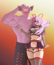 1boy 1girl 1girls absurdres alternate_body_size art:irfan_art black_eyes breasts broken_heart choker colored_skin commission commissioner_upload eyepatch female fingerless_gloves fishnet_gloves fishnet_thighhighs fishnets garter_belt garter_straps gloves grabbing_another's_breast groping heart highres horns long_hair looking_at_viewer mascot medium_breasts mercy_modiste muscular navel pants purple_eyes purple_hair purple_skin scissors scissors_hair_ornament shirtless_male showgirl_skirt snippet_(mercy_modiste) sweatpants thighhighs vallure