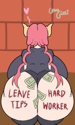 1girls 2d back_view big_ass big_breasts butt_floss clothed clothed_female dollar_bills dragon_girl facing_away female female_only guavagrunt heart horn huge_ass huge_breasts ilulu_(dragon_maid) indoors miss_kobayashi's_dragon_maid money money_in_underwear money_under_clothes monster_girl prostitute prostitution red_body shortstack standing thick_thighs thighhighs thighs wall wall_(structure) writing writing_on_ass writing_on_body