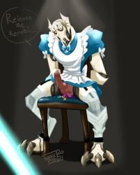 2021 artist_name artist_signature begging bound_legs bound_to_chair bow_ribbon clawed_feet cum cum_drip cyborg dark_background english_dialogue english_text frilled_dress frills general_grievous hermaphrodite humiliated humiliating humiliation kaleesh lightsaber maid maid_apron maid_outfit maid_uniform offscreen_character offscreen_male sheer_legwear sitting sitting_on_chair star_wars stockings sweat sweatdrop sweating thigh_highs thighhighs tied_to_chair toxxicpill yellow_eyes yellow_sclera