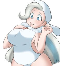 1girls alternate_breast_size arms_up big_breasts blue_eyes chubby chubby_female fat_ass huge_breasts kookyrook light-skinned_female light_skin long_hair looking_down melony_(pokemon) pokemon pokemon_ss scarf simple_background simple_face standing thick_thighs white_background white_clothing white_hair