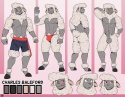 abs absurd_res ankle_tuft anthro areola arm_tuft back_hair balls balls_tuft body_hair bottomwear bovid bulge caprine charles_baleford_(dragonmate7) chest_hair clothed clothing color_swatch dialated_pupils ear_piercing ear_ring erection fur genitals gesture glans grey_balls grey_body grey_nose grey_penis grey_skin hand_behind_head headshot_portrait hi_res hooves horizontal_pupils humanoid_genitalia humanoid_penis juniorjosi leg_tuft looking_at_viewer male mammal model_sheet neck_hair nipples penis piercing pink_glans pink_penis_tip pink_tongue portrait pubes pupils raised_arm red_eyes ring_piercing sash sheep shorts shoulder_tuft simple_background smile solo tail teeth thigh_tuft tongue topless topless_anthro topless_male tuft underwear waving wool_(fur) wrist_tuft