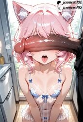 1boy ai_generated animal_ear_fluff animal_ears babydoll bangs bare_arms bare_shoulders blue_bra blue_panties blush bow bow_panties bra breasts cat_ears cat_girl clavicle clothing collarbone crotchless dark-skinned_male dark_skin english_text erection female female hair_between_eyes huge_cock indoors jennieart02 large_penis lingerie loli male male_pubic_hair medium_hair navel nipples nude nyatasha_nyanners open_mouth original panties patreon patreon_logo patreon_username penis penis_awe penis_on_face penis_over_eyes pink_hair pubic_hair saliva see-through short_hair small_breasts solo_focus standing straight sweat teeth testicles tongue tongue_out twitter twitter_username underwear underwear_only upper_teeth_only veins veiny_penis virtual_youtuber watermark white_panties window