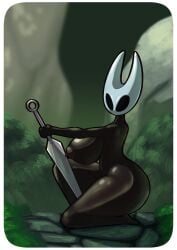 1girls 2d alternate_version_available ass big_ass big_breasts black_body breasts crouching female female_focus female_only froggkingg hollow_knight hornet_(hollow_knight) huge_breasts humanoid kneeling looking_at_viewer mask masked_female nude nude_female sword thick_thighs thighs
