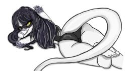 16:9 anthro ass bambiraptor biped black_clothing black_hair black_swimwear camel_toe cavemanon_studios clothing colored dinosaur dromaeosaurid elbow_feathers feathers feet female furgonomics genital_outline george_kp grey_body grey_feathers grey_scales hair head_turned hi_res humanoid_feet i_wani_hug_that_gator long_hair long_tail looking_at_viewer lunara_(iwhtg) lying on_front one-piece_swimsuit pinup plantigrade pose prehistoric_species reptile scales scalie seductive sharp_teeth simple_background small_waist smile snaggle_teeth solo swimwear tail teeth theropod toes vulva_outline white_background white_body white_scales wide_hips widescreen yellow_eyes