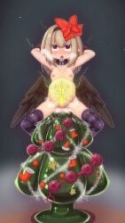 ahe_gao anal_beads arms_behind_head black_wings blonde_hair bowlegged_pose breasts breath censored christmas christmas_tree clitoris collar dark_feather_alma dildo emil_chronicle_online empty_eyes hair_ribbon highres huge_dildo mosaic_censoring nipples pubic_tattoo pussy red_eyes red_ribbon ribbon rna0 sex_toy small_breasts squatting stomach_bulge tattoo tearing_up wings