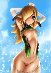 armpits arms_behind_head arms_up blonde_hair blush bottomless breasts day female green_eyes hair_over_one_eye long_hair navel nipples nude pussy rosalina small_breasts solo water