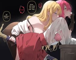 2girls blonde_hair blush breasts elsa_dorothy english_text finger_in_another's_mouth gloves heart heart-shaped_pupils highres kaosmccloud large_breasts long_hair multiple_girls partially_fingerless_gloves pink_hair please_bully_me_miss_villainess! speech_bubble symbol-shaped_pupils yuri yvonne_smollett