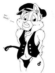 anthro bark_(artist) chip_'n_dale_rescue_rangers chipmunk clothing dale disney earrings front_view hat male male_only monochrome smile solo toony