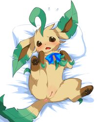 anus blush bow brown_eyes color cute_fang eeveelution female female_only feral fur generation_4_pokemon leafeon looking_at_viewer lying nintendo nude on_back open_eyes open_mouth paws pillow pointy_ears pokemon pokemon_(species) pussy raised_leg solo tail tan_fur vulva wkar