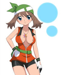 bandana breasts brown_hair cameltoe clothes color female female_only front_view gloves green_bandana hair hand_on_hip human human_only looking_at_viewer may_(pokemon) may_(pokemon_emerald) necklace nipples open_clothes pokemon solo standing tagme