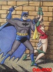 batman batman_(bruce_wayne) batman_(series) bondage brick_wall bruce_wayne carrie_kelley dc dc_comics female hair_pull hair_pulling male male_domination nipples odin3000 questionable_consent robin_(carrie_kelley) robin_(dc) rope rope_bondage spanking superhero superheroine