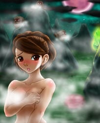 blush boken_fantasy brown_hair color covering covering_breasts covering_crotch enf female female_only human imminent_rape jinkuro medium_breasts momohime monkey muramasa_the_demon_blade night nude nude_cover onsen outdoors primate short_hair solo steam water