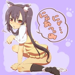 animal_ears azusa_nakano_(k-on!) black_hair bottomless cat_ears cat_pose female female_only human human_only is_ii k-on! kneehighs kneeling kneesocks legwear long_hair nyan panties panties_around_leg panties_around_one_leg paw_pose red_eyes school_uniform solo sweater_vest tied_hair twintails underwear