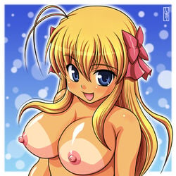 blonde_hair blue_eyes bow breasts erika_sendou fortune_arterial hair_ribbon hairbow long_hair nipples ribbon sendou_erika shimeta_hiromitsu smile tan tanline topless