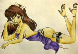 1girls apron balba-bunny bow female high_heels naked_apron ranma_1/2 small_breasts solo tagme traditional_media_(artwork) ukyo_kuonji