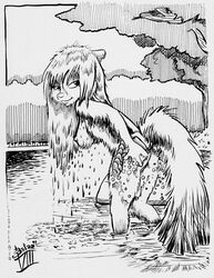 1990s 1999 20th_century animaniacs anthro ass beiro comic crosshatching female female_only fur furry looking_back minerva_mink mink monochrome nipples outdoors solo tagme vulva washing