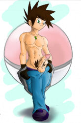 brown_hair clothes color erection footwear front_view gary_oak gloves green_eyes hair human male male_only necklace penis poke_ball pokemon round_ears shoes short_hair solo spiky_hair standing testicles topless