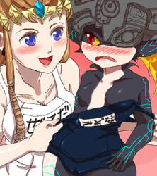 2girls blue_eyes blush breasts chichi_band female female_only imp imp_midna lowres midna multiple_girls nintendo one-piece_swimsuit princess_zelda school_swimsuit smile straight_hair swimsuit swimsuit_pull the_legend_of_zelda twilight_princess white_school_swimsuit zelda_(twilight_princess)