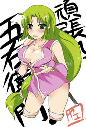 1girls breast_grab breast_squeeze breasts cleavage cropped_legs female fingerless_gloves ganbare_goemon gloves green_eyes green_hair huge_breasts long_hair ponytail ririfu solo tied_hair very_long_hair yae_(ganbare_goemon)