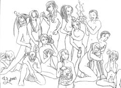 12girls 1ambiguous ambiguous_gender artist_request artist_signature automail barefoot book bottle convenient_censoring drunk envy_(fullmetal_alchemist) female fullmetal_alchemist gracia_hughes gun homunculus human izumi_curtis lan_fan long_hair lust_(fullmetal_alchemist) male maria_ross martel mask money monochrome multiple_females nude paninya pistol prosthetic_leg reading_book riza_hawkeye rose_thomas sheska sitting standing tattoo trisha_elric weapon winry_rockbell