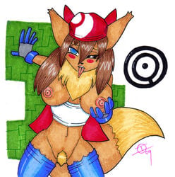 2009 anthro black_nose blue_eyes breasts brown_fur brown_hair clothes color eevee female front_view fur furry furry_breasts furry_ears furry_tail gloves ivanks looking_at_viewer may_(pokemon) nipples pokemon pokemon_transformation pubic_hair tail thighhighs tongue tongue_out torn_clothes transformation unown