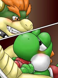 bowser collar couple drool fellatio interspecies koopa long_tongue looking_down looking_up male male_only mario_(series) nintendo oral penis penis_lick saddle saliva shell slimy smile spikes straight_hair tongue tsudzurao yoshi