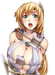 big_breasts blonde_hair blush bondage braid breast_bondage breasts bursting_breasts cleavage earrings erect_nipples female female_only green_eyes huge_breasts human jewelry long_hair metadora milf mother open_mouth single_braid solo sophitia_alexandra soul_calibur sword tears weapon whip_sword