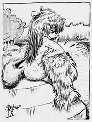 1990s 1999 20th_century animaniacs anthro ass beiro comic crosshatching female female_only fur furry minerva_mink mink monochrome nude outdoors sitting solo tagme water