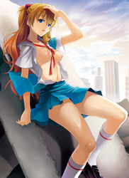 1girls asuka_langley_sohryu between_breasts blue_eyes breasts clothes clothes_between_breasts clothing female female_only footwear human joe_sage kneehighs medium_breasts neon_genesis_evangelion nipples no_bra open_clothes open_shirt orange_hair posing sage_joh school_uniform shirt skirt socks solo