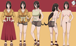 1girls ass back_view barefoot bike_shorts blush boruto:_naruto_next_generations brown_hair clothed completely_nude crop_top curvaceous female female_only finger_to_mouth fishnet_bottomwear fishnets footwear front_view fully_clothed hairy_pussy hakama haori hyuuga_hanabi kimono looking_at_viewer midriff multiple_poses multiple_views naruto naruto_(series) ninrubio no_bra nude open_toe_shoes partially_clothed ponytail pubic_hair pussy sandals sequence sequential side_view skirt solo tank_top tied_hair undressing wide_hips wink