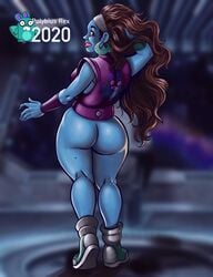 ass blue_skin bottomless bubble_butt busty butt curvaceous curvy female female_focus female_only hourglass_figure polybius rear_view tagme thick_thighs voluptuous wide_hips