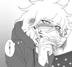 2boys blowjob blush clothed danganronpa danganronpa_2:_goodbye_despair face_mask face_mask_fuck facemask fellatio fellatio_under_mask gay greyscale heavy_blush hinata_hajime kuika_919 looking_up male male/male male_focus male_only mask monochrome nagito_komaeda oral solo_focus straight_hair translation_request veiny_penis yaoi