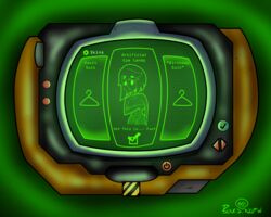 artificial_intelligence bigbonesart bones_nsfw computer covering_breasts fallout female fishnets nervous pip-boy revealing_clothes shy uncomfortable vault_girl