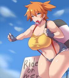 1girls alternate_breast_size anime_style backpack bag big_breasts condom condom_in_mouth female female_only footwear green_eyes handwear hitchhiking huge_breasts human kasumi_(pokemon) konno_tohiro large_breasts misty_(pokemon) nintendo orange_hair pale_skin pokemon pokemon_rgby red_hair solo thick_thighs thighs tomboy voluptuous