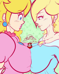 3girls between_breasts big_breasts blonde_hair blue_dress blue_eyes breast_to_breast colored earrings female_only giantess mario_(series) nintendo pauline pink_dress princess_peach princess_rosalina red_dress size_difference smaller_female smirking sound_effects super_mario_bros. super_mario_galaxy super_mario_odyssey theres_always_a_bigger_fish xanafar