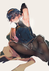 1boy armpits baiwa blue_eyes blue_hair bulge byebyefrog cum cum_on_armpit cum_on_body cum_on_face cum_on_leg cum_through_clothes femboy fire_emblem fire_emblem:_mystery_of_the_emblem fire_emblem:_shadow_dragon_and_the_blade_of_light footwear_fetish leggings male_only marth_(fire_emblem) muscular muscular_male nintendo pantyhose partially_visible_penis penis short_hair sitting smile solo solo_male